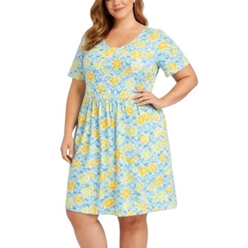 Lands End 3X Lemon Print Knit Midi Dress Blue Yellow Citrus Coastal Cottagecore